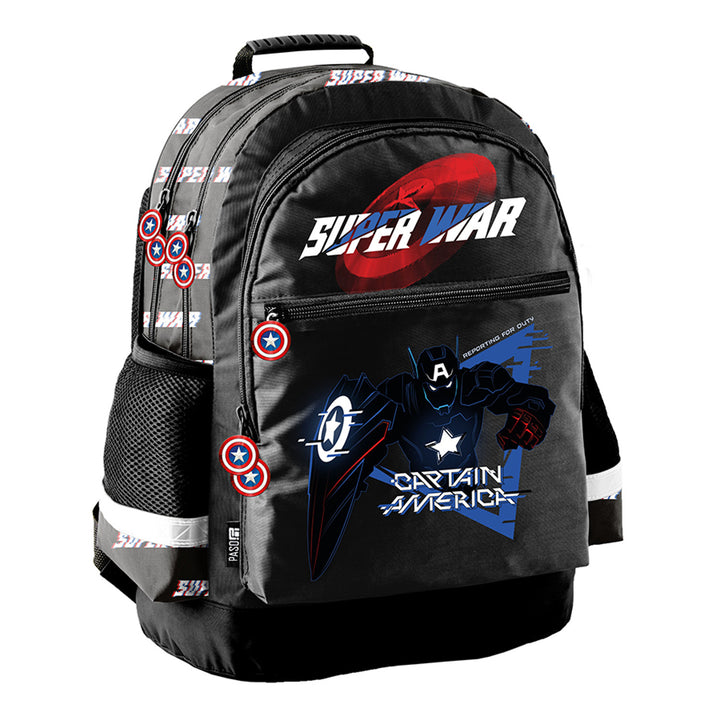 Captain America Paso School Set, backpack with two compartments, reflective elements, and reinforced back panel; pencil case (empty) with pen loops; shoe bag that can be worn on the back, AV26KK