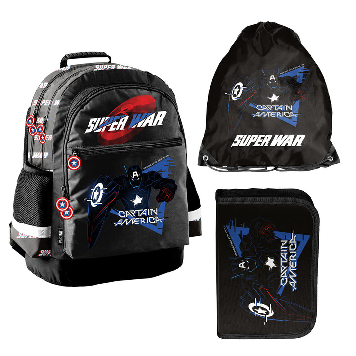 Captain America Paso School Set, backpack with two compartments, reflective elements, and reinforced back panel; pencil case (empty) with pen loops; shoe bag that can be worn on the back, AV26KK