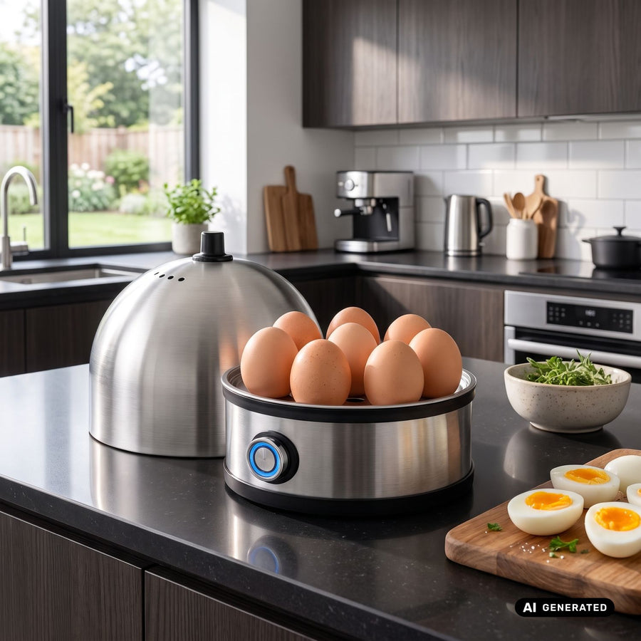 GreenBlue Stainless Steel Egg Cooker, 200W, holds up to 7 eggs, measuring cup included, 220-240V~, 50/60 Hz, GB357