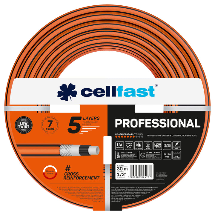 Cellfast Professional Garden Hose, 1/2-inch diameter, 30-meter length, 5-layer construction