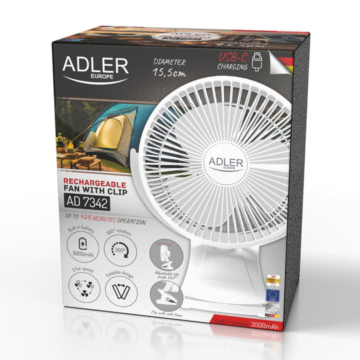 Desk fan with clip, rechargeable, 15.5 cm, 360° rotation, USB-C, Adler