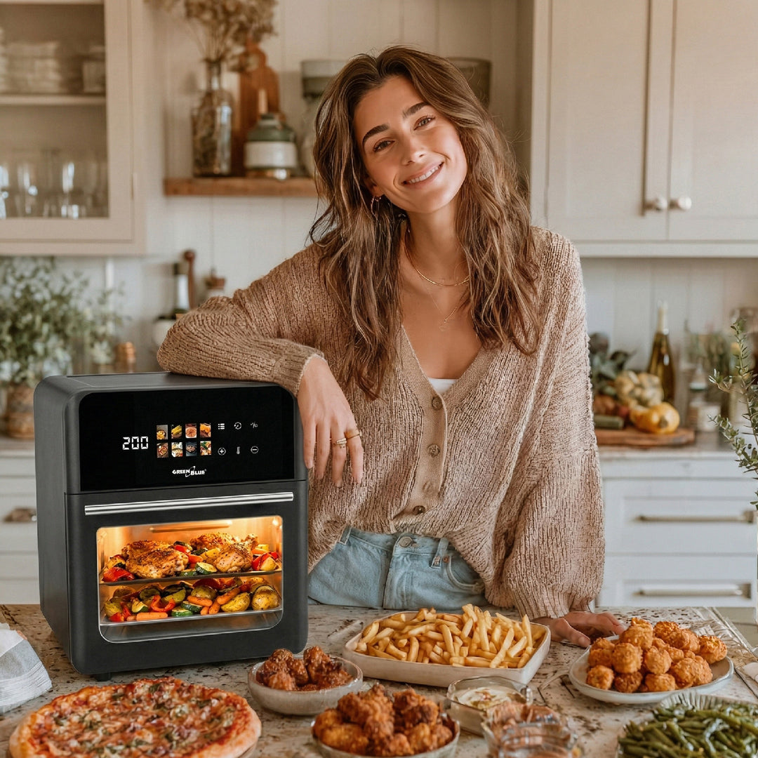GreenBlue AIR FRYER Oil-Free Air Fryer, 1800W, 10L capacity, 8 programs, accessories, timer, GB950 + 100 16cm paper liners