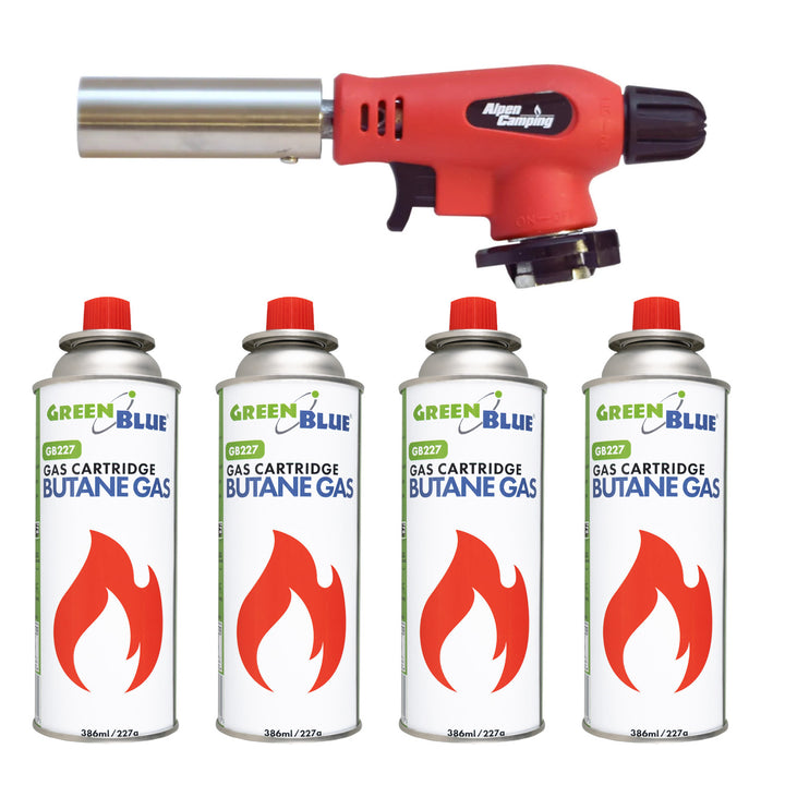 Alpen Camping cartridge burner, 360° rotation, flame temperature 1300°C, piezo ignition, OLIMP + 4x 227g GreenBlue gas cartridges. Certification: Pi 0875, compliant with EN417