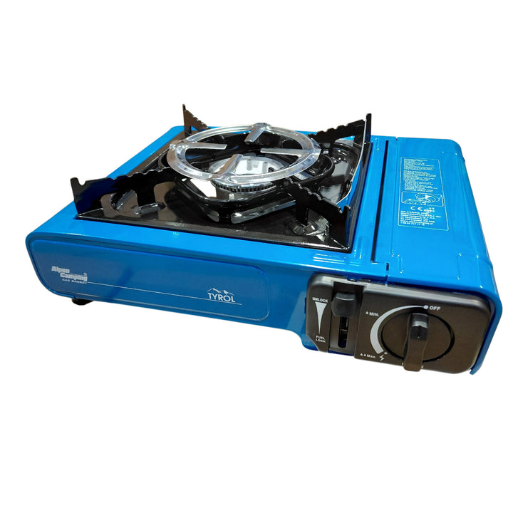 Alpen Camping camping stove, power: 2.0 kW, gas consumption: 146 g/h, piezoelectric ignition, TYROL+ 4x 227 g GreenBlue gas cartridges. Certification: Pi 0875, compliant with EN 417