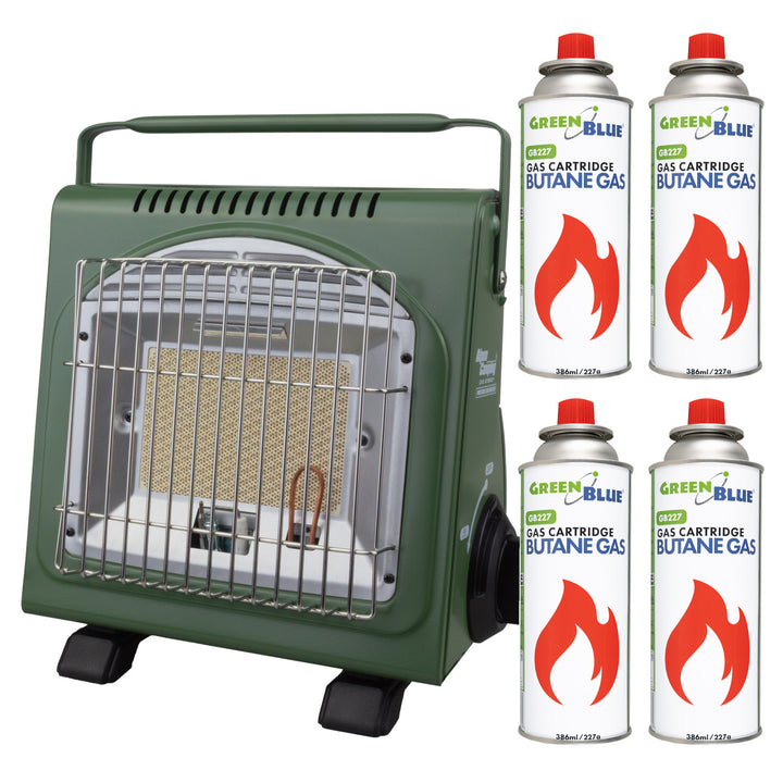Alpen Camping portable gas stove, 2-in-1, gas consumption 124 g/h, piezoelectric ignition, ICELAND IK-1000 PRO+ 4x 227 g GreenBlue gas cartridges. Certification: Pi 0875, compliant with EN 417