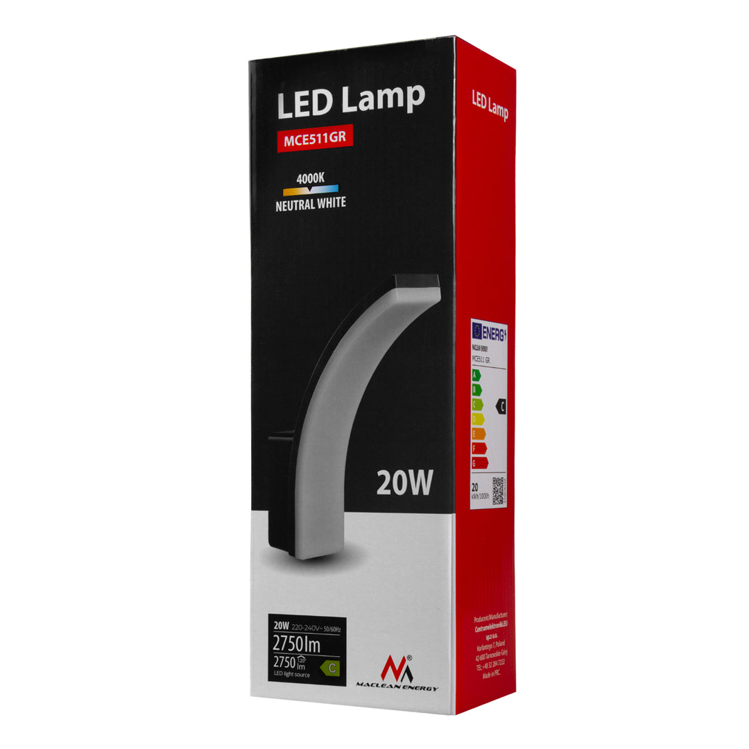 Maclean LED Light, Gray, 20W, IP65, 2750 lm, Neutral White (4000K) MCE511 GR, 2 pieces