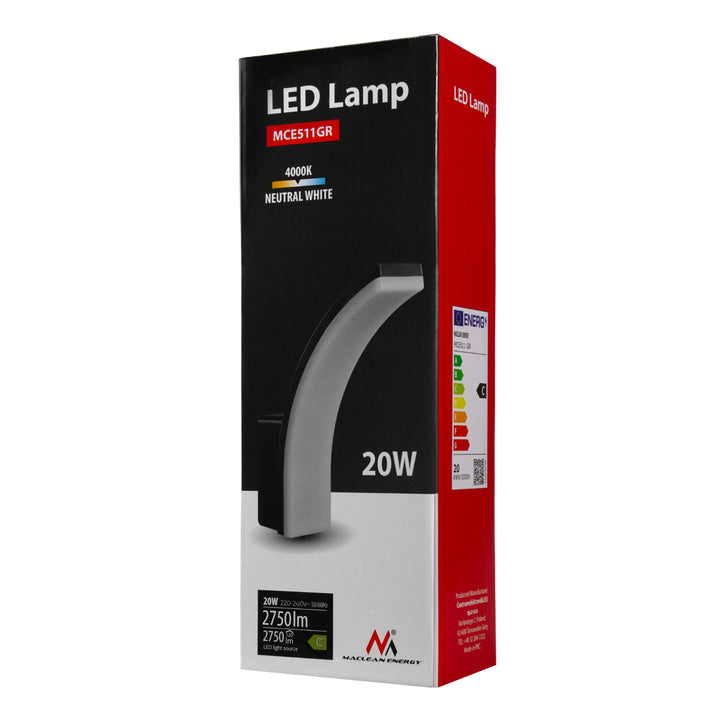 Maclean LED Light, Gray, 20W, IP65, 2750 lm, Neutral White (4000K) MCE511 GR, 2 pieces