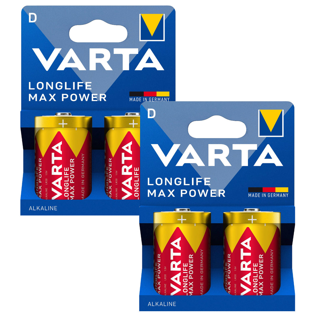 4x R-20 R20 D 1.5V alkaline batteries, Varta Longlife Max Power
