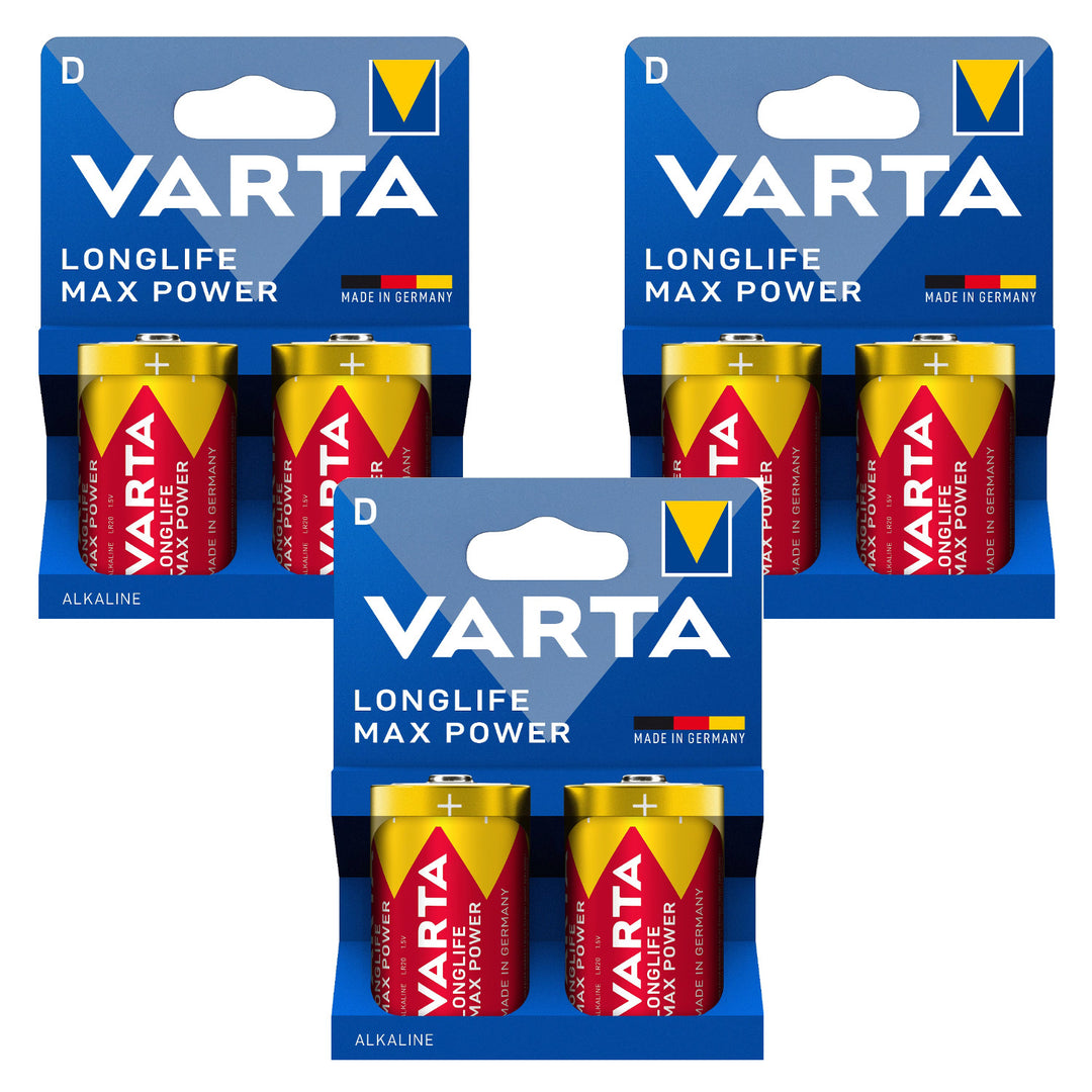 6x Varta Longlife Max Power R-20 D 1.5V alkaline batteries