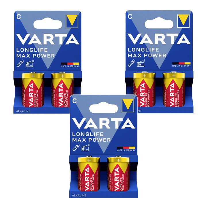 6x Varta Longlife Max Power R14 C 1.5V alkaline batteries