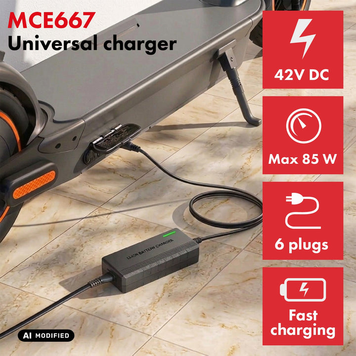 Maclean Energy Universal Charger / Power Supply, for scooters, 42V DC, 2A, Max 85W, Fast Charging, 6 plugs, MCE667