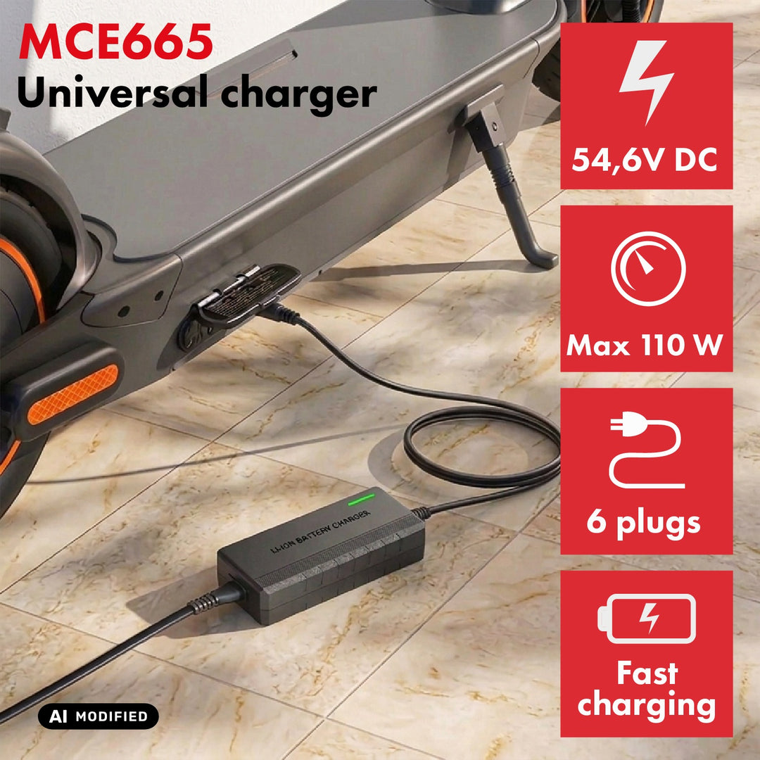 Maclean Energy Universal Charger/Power Supply for Scooters, 54.6V DC, 2A, Max 110W, Fast Charging, 6 Plugs, MCE665