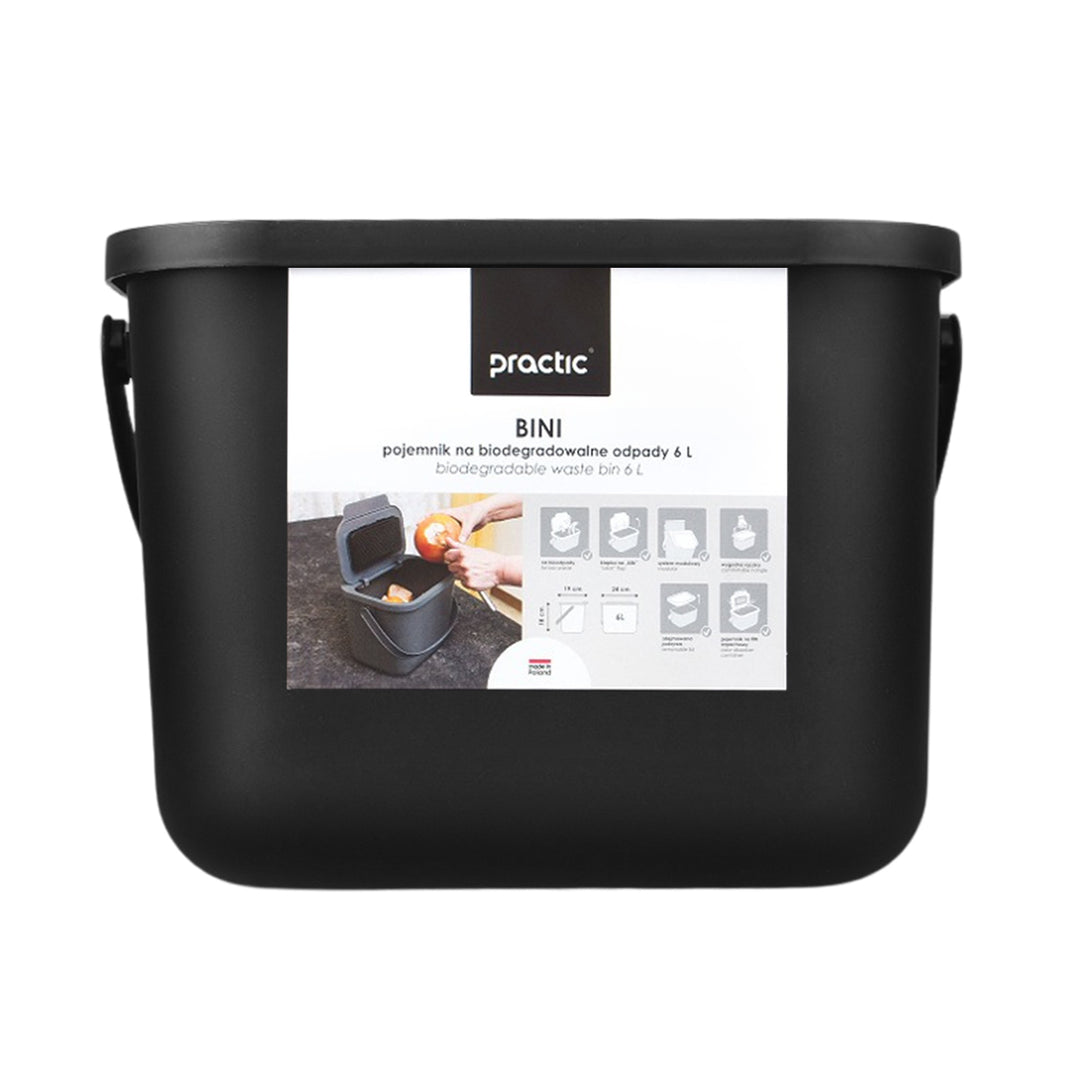 Bini Practic 6L Black Organic Waste Bin + 5x Practic Charcoal Filters