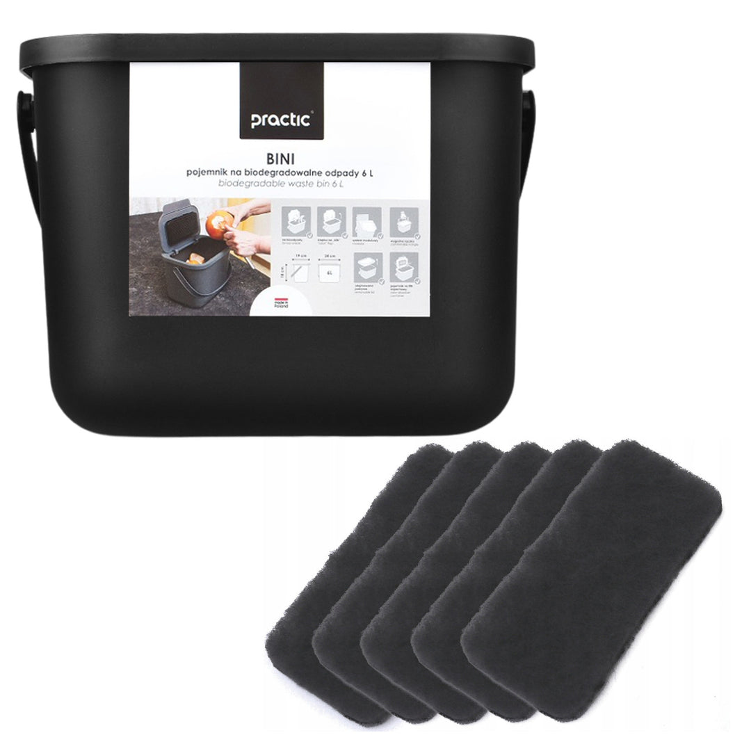 Bini Practic 6L Black Organic Waste Bin + 5x Practic Charcoal Filters