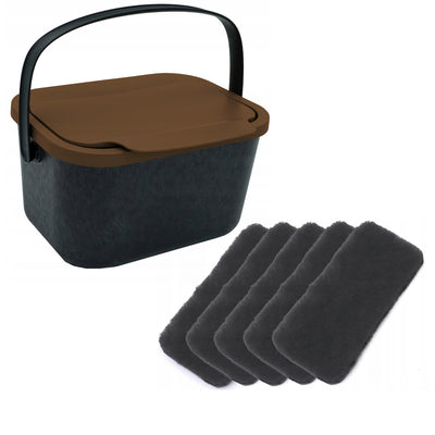 Organic waste bin, 4.5-liter capacity, black with a brown lid, Mini Bini + 5 Practic charcoal filters