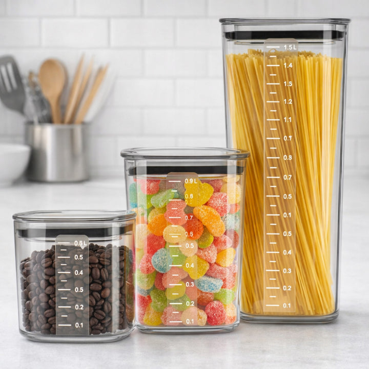 Practic kitchen containers for loose ingredients, capacities: 0.6 L, 0.9 L, 1.5 L, lids with seals,