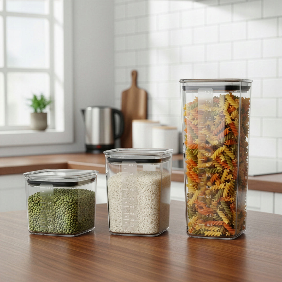 Practic kitchen containers for loose ingredients, capacities: 0.6 L, 0.9 L, 1.5 L, lids with seals,
