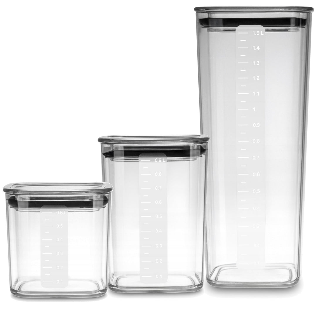 Practic kitchen containers for loose ingredients, capacities: 0.6 L, 0.9 L, 1.5 L, lids with seals,