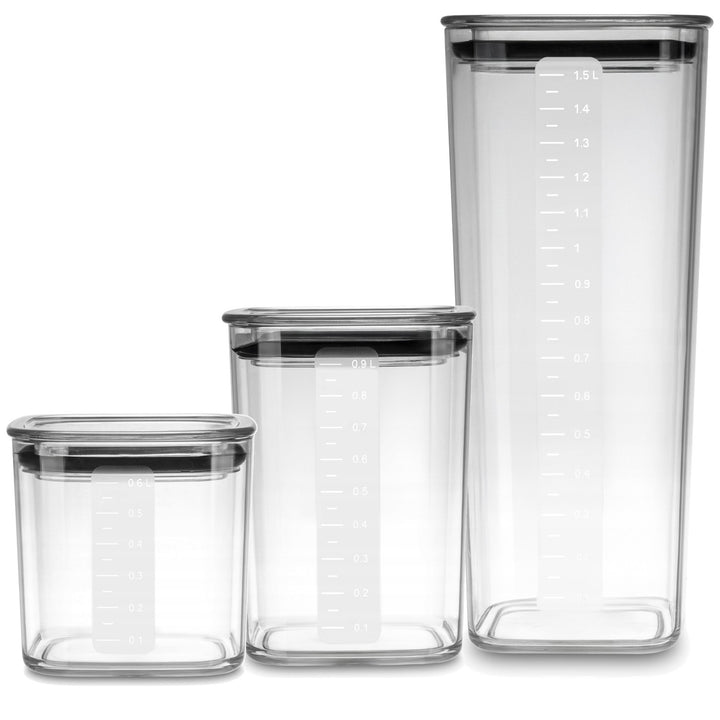 Practic kitchen containers for loose ingredients, capacities: 0.6 L, 0.9 L, 1.5 L, lids with seals,