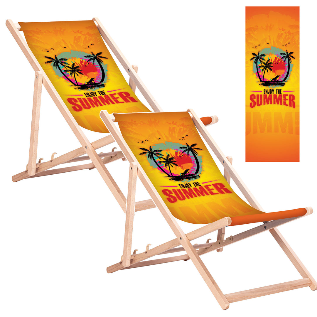 GreenBlue GB183 Classic Beech Deck Chair with "Enjoy The Summer" Print, 2 pieces
