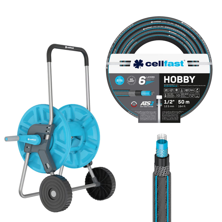Cellfast Aluplus 1/2" 60m Hose Cart + Cellfast Hobby ATS2 1/2" 50m Garden Hose
