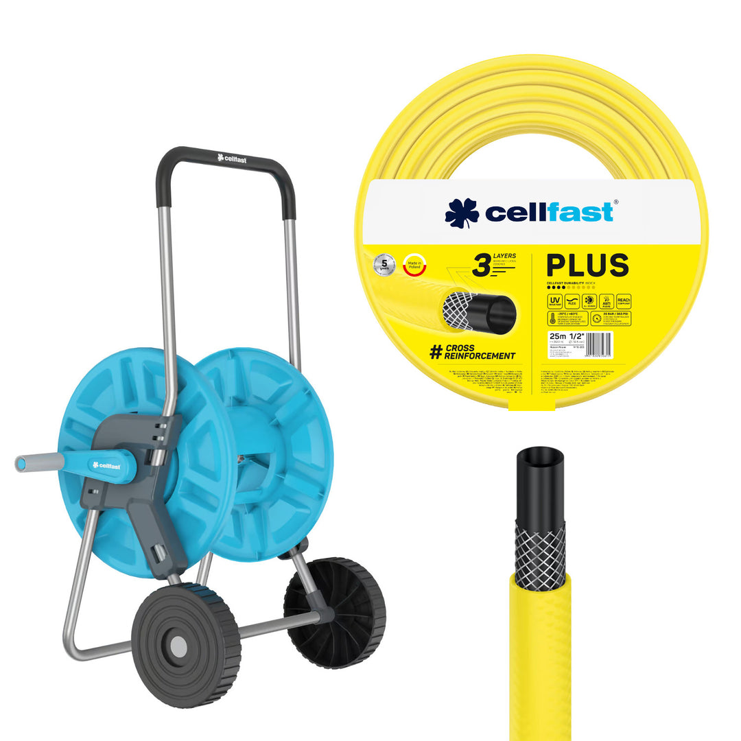 Cellfast Aluplus 1/2" 60m Hose Cart + Cellfast Plus 1/2" 25m Garden Hose