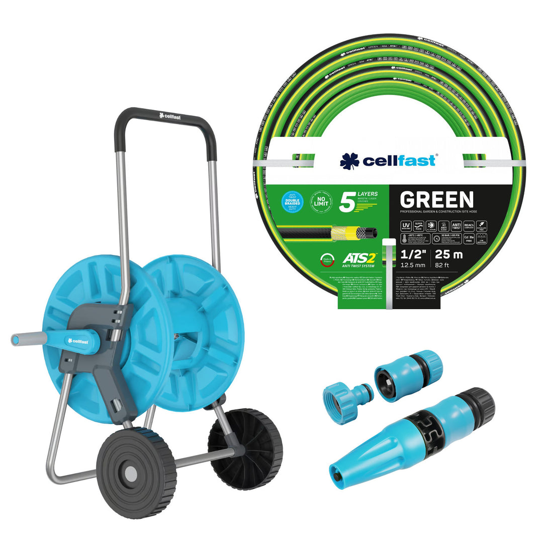 Cellfast Aluplus 1/2" 60m Hose Cart + Cellfast Green ATS2 1/2" 25m Garden Hose + Cellfast Basic 1/2" Straight Sprinkler Set