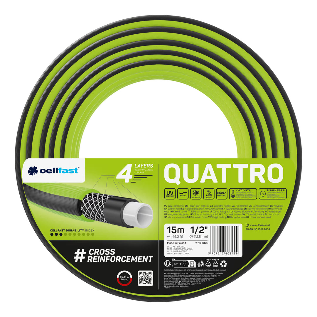 Cellfast Aluplus 1/2" 60m Hose Cart + Cellfast Quattro 1/2" 15m Garden Hose + Set with Cellfast Basic 1/2" Straight Sprinkler
