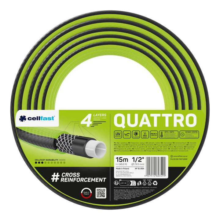Cellfast Aluplus 1/2" 60m Hose Cart + Cellfast Quattro 1/2" 15m Garden Hose + Set with Cellfast Basic 1/2" Straight Sprinkler