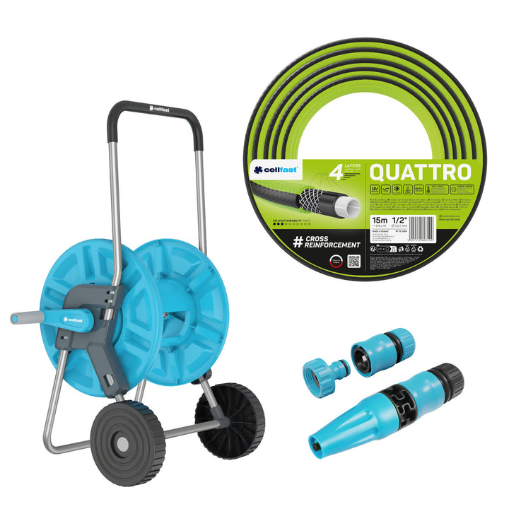 Cellfast Aluplus 1/2" 60m Hose Cart + Cellfast Quattro 1/2" 15m Garden Hose + Set with Cellfast Basic 1/2" Straight Sprinkler