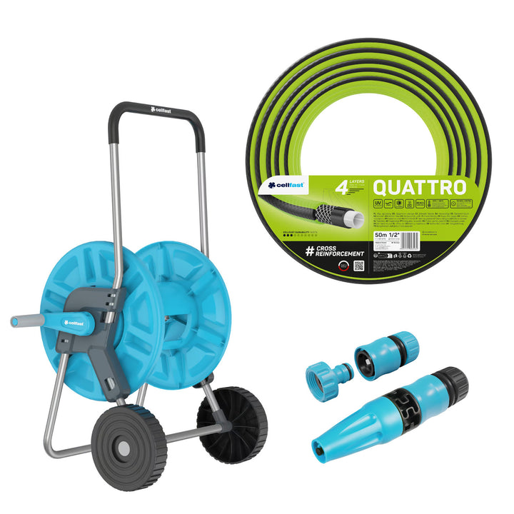 Cellfast Aluplus 1/2" 60m Hose Cart + Cellfast Quattro 1/2" 50m Garden Hose + Set with Cellfast Basic 1/2" Straight Sprinkler