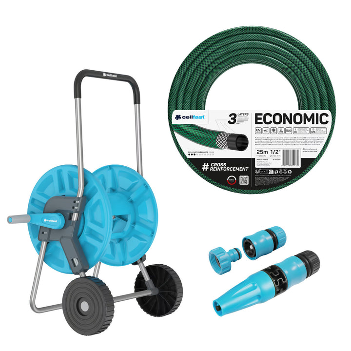 Cellfast Aluplus 1/2" 60m Hose Cart + Cellfast Economic 1/2" 25m Garden Hose + Set with Cellfast Basic 1/2" Straight Sprinkler