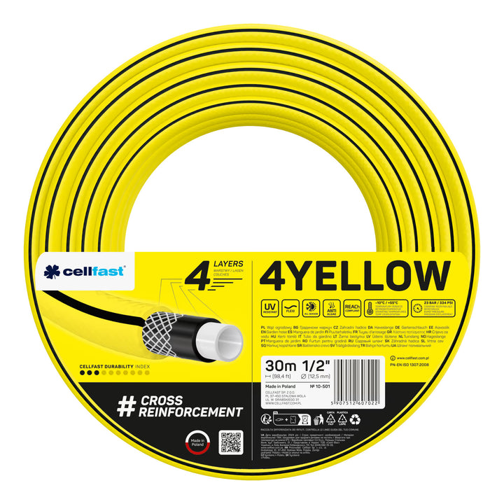 Cellfast Aluplus 1/2" 60m Hose Cart + Cellfast 4YELLOW 1/2" 30m Garden Hose + Set with Cellfast Basic 1/2" Straight Sprinkler