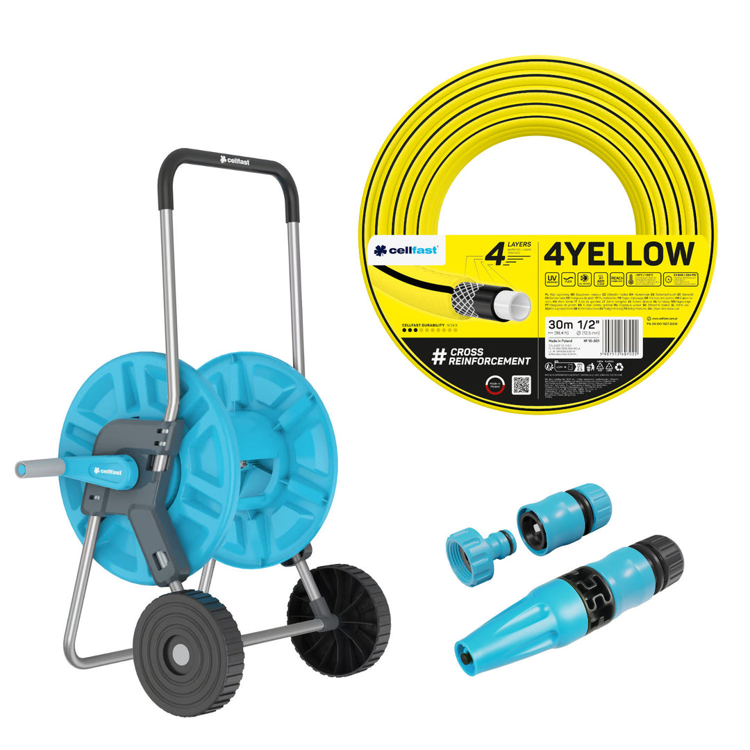 Cellfast Aluplus 1/2" 60m Hose Cart + Cellfast 4YELLOW 1/2" 30m Garden Hose + Set with Cellfast Basic 1/2" Straight Sprinkler