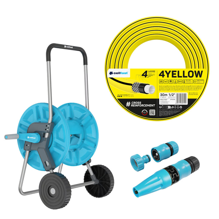 Cellfast Aluplus 1/2" 60m Hose Cart + Cellfast 4YELLOW 1/2" 30m Garden Hose + Set with Cellfast Basic 1/2" Straight Sprinkler