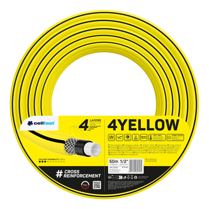 Cellfast Aluplus 1/2" 60m Hose Cart + Cellfast 4YELLOW 1/2" 50m Garden Hose + Set with Cellfast Basic 1/2" Straight Sprinkler