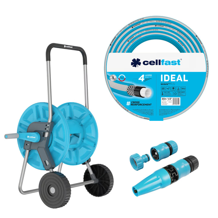 Cellfast Aluplus 1/2" 60m Hose Cart + Cellfast IDEAL 1/2" 30m Garden Hose + Cellfast Basic 1/2" Straight Sprinkler Set