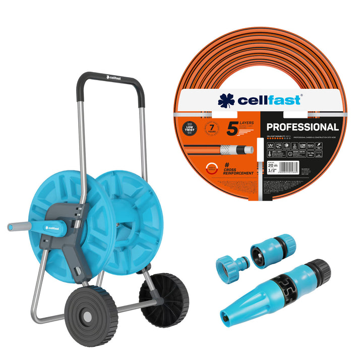 Cellfast Aluplus 1/2" 60m Hose Cart + Cellfast PROFESSIONAL 1/2" 20m Garden Hose + Cellfast Basic 1/2" Straight Sprinkler Set