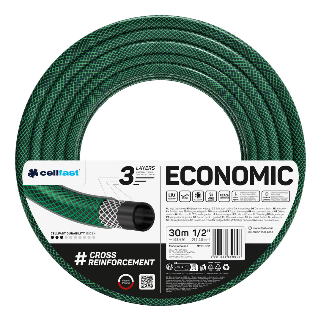 Cellfast Economic 1/2" 30m Garden Hose + Cellfast Gray Hose Hanger + Cellfast Basic 1/2" Straight Sprinkler Set