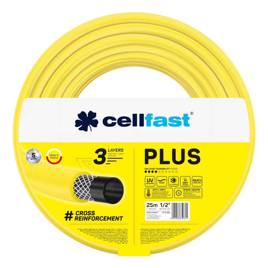 Cellfast Plus 1/2" 25m Garden Hose + Cellfast Gray Hose Hanger + Cellfast Basic 1/2" Straight Sprinkler Set