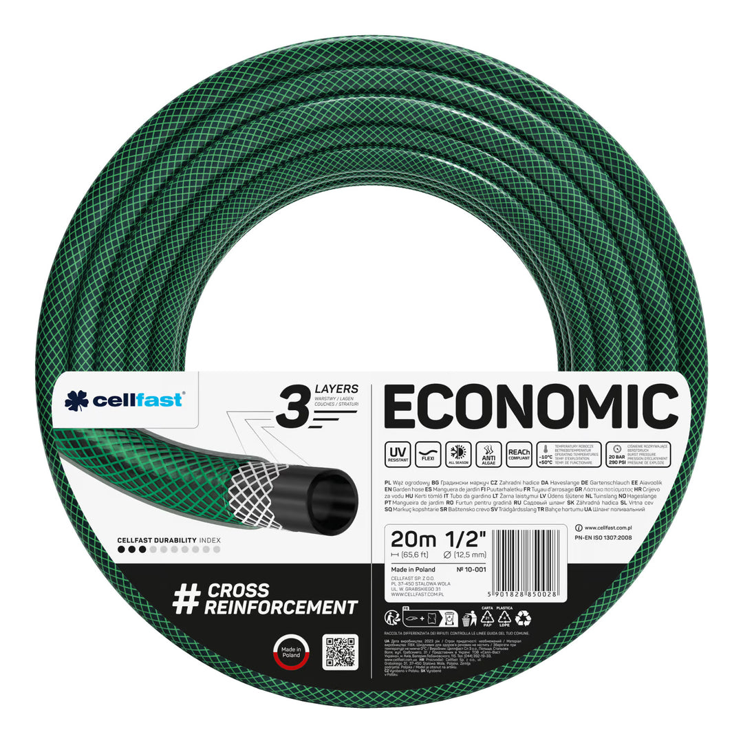 Cellfast Economic 1/2" 20m Garden Hose + Cellfast Gray Hose Hanger + Cellfast Basic 1/2" Straight Sprinkler Set
