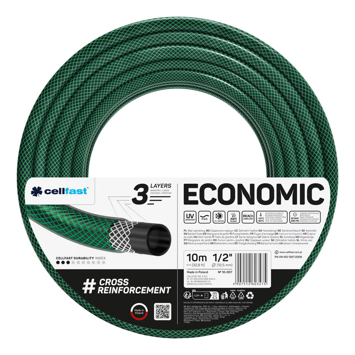 Cellfast Economic 1/2" 10m Garden Hose + Cellfast Gray Hose Hanger + Cellfast Basic 1/2" Straight Sprinkler Set