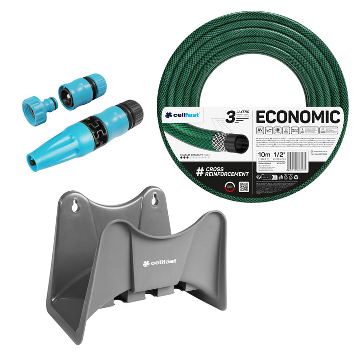 Cellfast Economic 1/2" 10m Garden Hose + Cellfast Gray Hose Hanger + Cellfast Basic 1/2" Straight Sprinkler Set