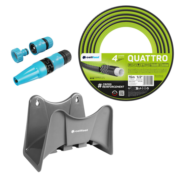 Cellfast Quattro 1/2" 15m Garden Hose + Cellfast Gray Hose Hanger + Cellfast Basic 1/2" Straight Sprinkler Set