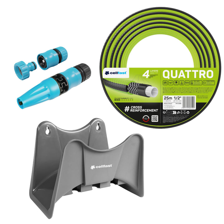 Cellfast Quattro 1/2" 25m Garden Hose + Cellfast Gray Hose Hanger + Cellfast Basic 1/2" Straight Sprinkler Set