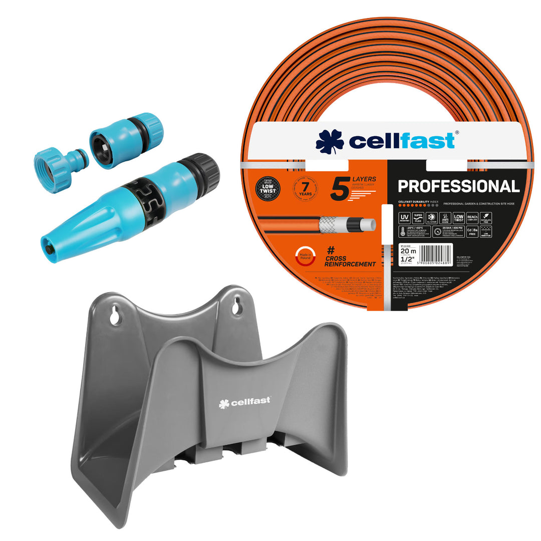 Cellfast Garden Hose, PROFESSIONAL 1/2" 20 m + Cellfast Gray Hose Hanger + Cellfast Basic 1/2" Straight Sprinkler Set