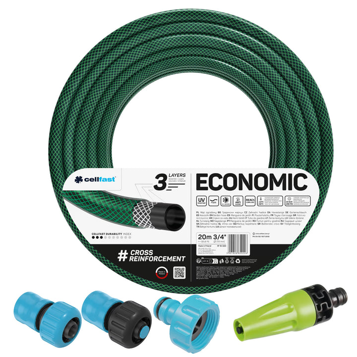 Cellfast Economic 3/4" 20m Garden Hose + Straight Sprinkler Head + 3/4" Female Threaded Connector + 3/4" Straight and Stop Quick-Connect Fitting