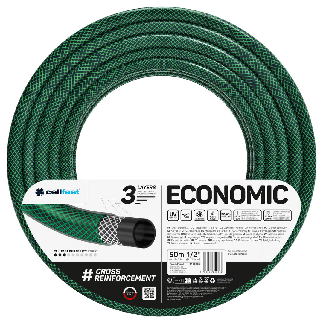 Economic 1/2" 50m Garden Hose + Cart, 3/4" Female Threaded Connector, 1/2" male threaded connector, 1/2" straight-through quick-connect and stop valve + Cellfast Mix Ideal 8-function spray gun
