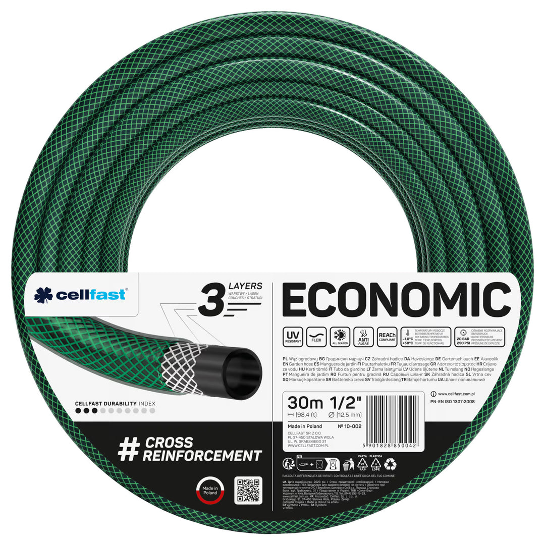 Cellfast Economic 1/2" 30m Garden Hose + Cellfast Aluplus Hose Stand + 3/4" Female Threaded Connector 3/4" + 1/2" straight quick-connect coupling + 1/2" stop quick-connect coupling + Cellfast Economic straight sprinkler