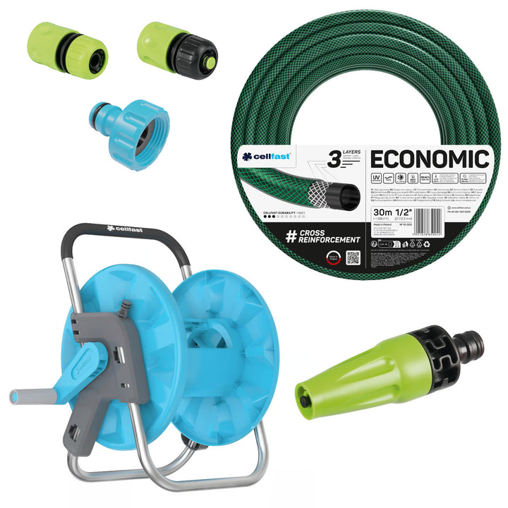 Cellfast Economic 1/2" 30m Garden Hose + Cellfast Aluplus Hose Stand + 3/4" Female Threaded Connector 3/4" + 1/2" straight quick-connect coupling + 1/2" stop quick-connect coupling + Cellfast Economic straight sprinkler